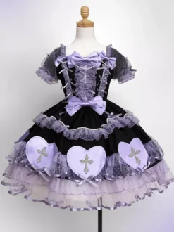 Halloween rentrée scolaireRobes gothiques Lolita avec n艙uds et perles blocs de couleurs rose et bleu ciel clair