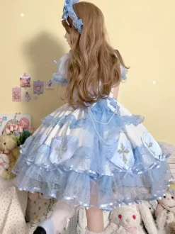 Halloween rentrée scolaireRobes gothiques Lolita avec n艙uds et perles blocs de couleurs rose et bleu ciel clair