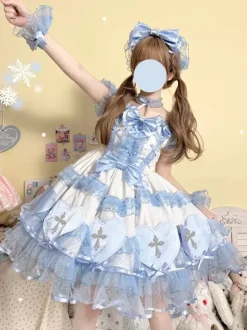 Halloween rentrée scolaireRobes gothiques Lolita avec n艙uds et perles blocs de couleurs rose et bleu ciel clair