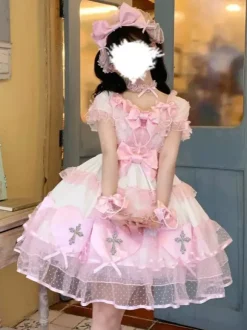 Halloween rentrée scolaireRobes gothiques Lolita avec n艙uds et perles blocs de couleurs rose et bleu ciel clair
