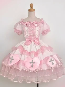Halloween rentrée scolaireRobes gothiques Lolita avec n艙uds et perles blocs de couleurs rose et bleu ciel clair