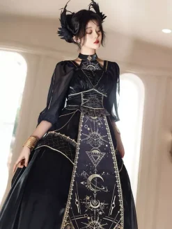 Halloween Robe gothique Lolita sans manches en patchwork noir or