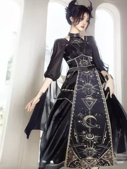Halloween Robe gothique Lolita sans manches en patchwork noir or