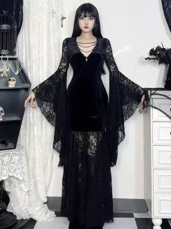 Halloween Robe gothique pour femme tunique longue en velours gothique avec dentelle et chaînes noires