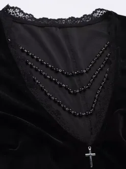 Halloween Robe gothique pour femme tunique longue en velours gothique avec dentelle et chaînes noires