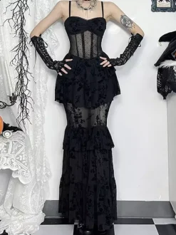 Halloween Robe gothique pour femme en dentelle noire et maille en polyester gothique