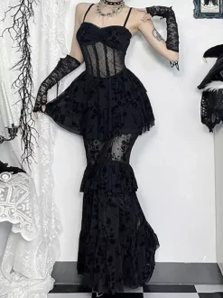 Halloween Robe gothique pour femme en dentelle noire et maille en polyester gothique