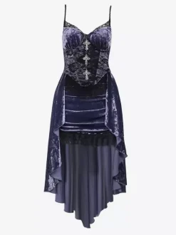 Halloween Robe gothique pour femme en dentelle violette tunique gothique en velours robe Hemlibe haute et basse