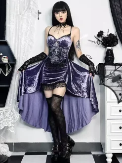 Halloween Robe gothique pour femme en dentelle violette tunique gothique en velours robe Hemlibe haute et basse