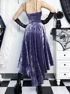 Halloween Robe gothique pour femme en dentelle violette tunique gothique en velours robe Hemlibe haute et basse