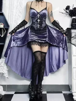 Halloween Robe gothique pour femme en dentelle violette tunique gothique en velours robe Hemlibe haute et basse