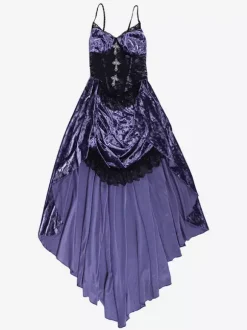 Halloween Robe gothique pour femme en dentelle violette tunique gothique en velours robe Hemlibe haute et basse