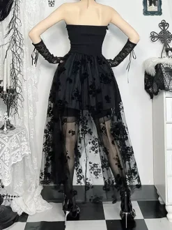 Halloween Vêtements gothiques pour femmes n艙uds plissés noirs volants tunique gothique en polyester costumes rétro