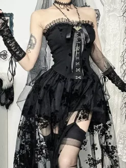 Halloween Vêtements gothiques pour femmes n艙uds plissés noirs volants tunique gothique en polyester costumes rétro