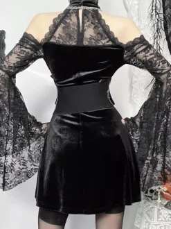 Halloween Vêtements gothiques pour femmes tunique gothique en polyester à volants en dentelle noire costumes rétro