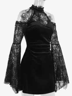 Halloween Vêtements gothiques pour femmes tunique gothique en polyester à volants en dentelle noire costumes rétro