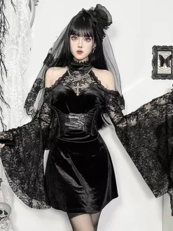 Halloween Vêtements gothiques pour femmes tunique gothique en polyester à volants en dentelle noire costumes rétro