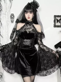Halloween Vêtements gothiques pour femmes tunique gothique en polyester à volants en dentelle noire costumes rétro