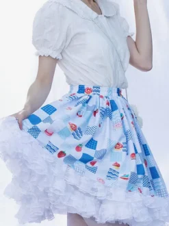 Harajuku Jupe Lolita SK Lolita À Volants Bleu Ciel ClairImprimée Fleurie