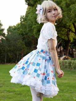 Harajuku Jupe Lolita SK Lolita À Volants Bleu Ciel ClairImprimée Fleurie