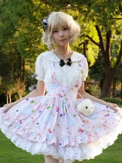 Harajuku Lolita SK Jupes Lolita à volants rose doux à imprimé Fleurie