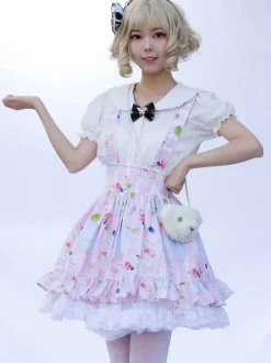 Harajuku Lolita SK Jupes Lolita à volants rose doux à imprimé Fleurie