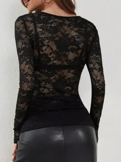Haut à col en V bordure festonnée dentelle florale manches longues coupe ajustée pour femme 2026