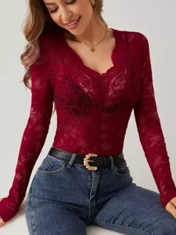 Haut à col en V bordure festonnée dentelle florale manches longues coupe ajustée pour femme 2026