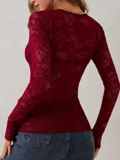 Haut à col en V bordure festonnée dentelle florale manches longues coupe ajustée pour femme 2026