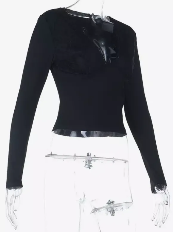 Haut à col V profond et bordure en dentelle pour femme - Chemisier noir sexy et ajusté - Style gothique - Collection printemps 2026