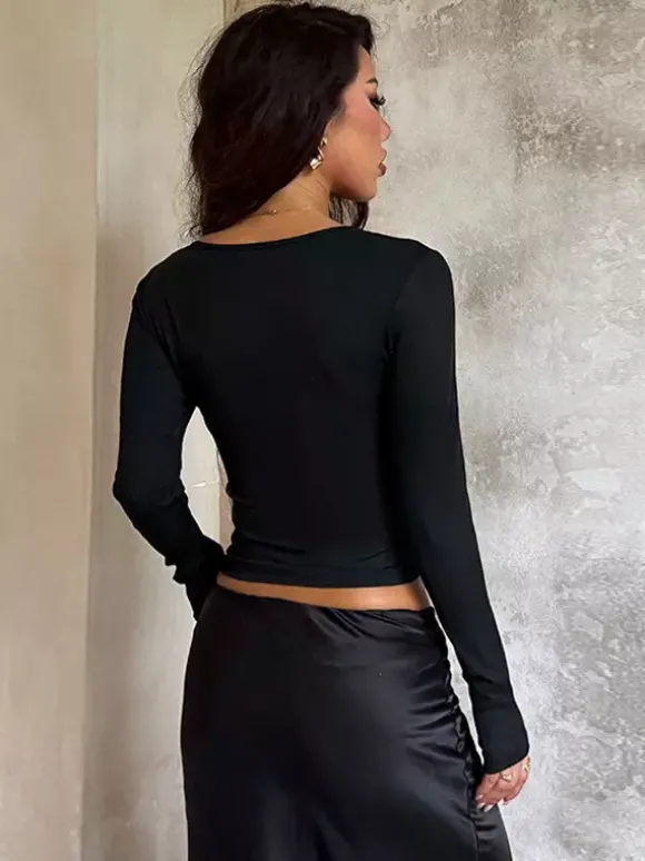 Haut à col V profond et bordure en dentelle pour femme - Chemisier noir sexy et ajusté - Style gothique - Collection printemps 2026
