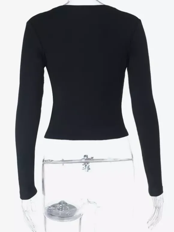 Haut à col V profond et bordure en dentelle pour femme - Chemisier noir sexy et ajusté - Style gothique - Collection printemps 2026