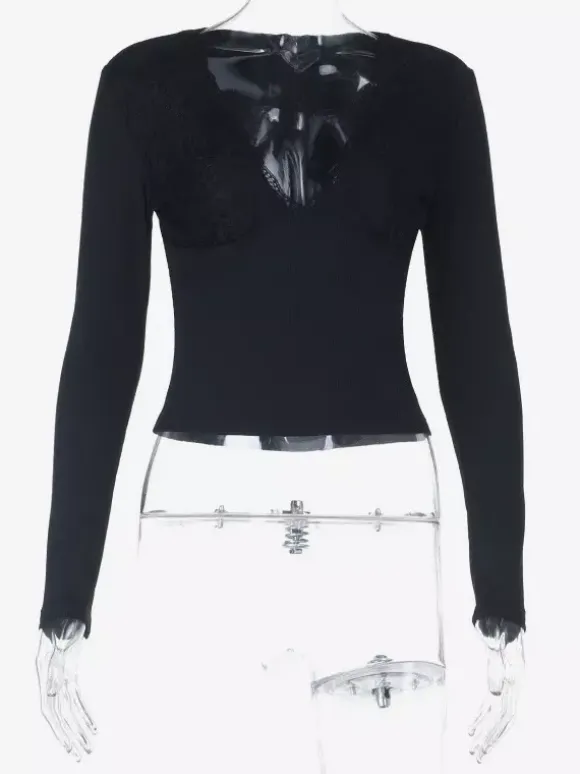 Haut à col V profond et bordure en dentelle pour femme - Chemisier noir sexy et ajusté - Style gothique - Collection printemps 2026