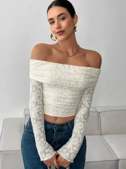 Haut à épaules dénudées en dentelle florale manches longues froncé et coupe ajustée pour femme 2026