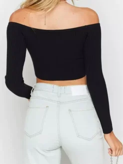 Haut court tendance avec cardigan en tricot à manches longues et épaules dénudées à boutons sur le devant pour femme 2026