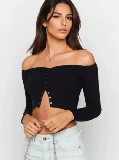Haut court tendance avec cardigan en tricot à manches longues et épaules dénudées à boutons sur le devant pour femme 2026