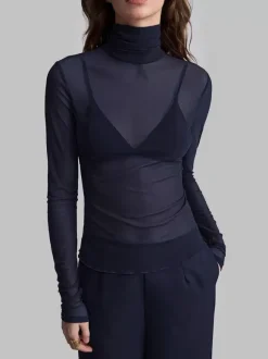 Haut de base en maille à col montant et manches longues avec bord ondulé pour femmes 2026
