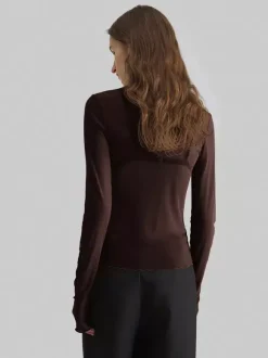 Haut de base en maille à col montant et manches longues avec bord ondulé pour femmes 2026