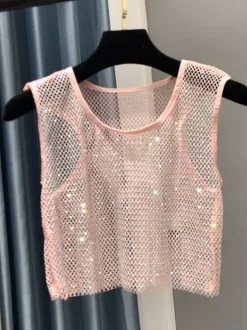 Haut de soirée sexy à col rond en résille sans manches en polyester