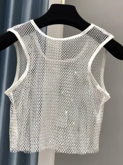 Haut de soirée sexy à col rond en résille sans manches en polyester