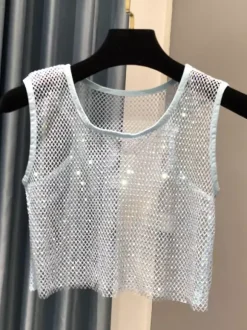 Haut de soirée sexy à col rond en résille sans manches en polyester