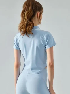 Haut De Tennis Pour Femme Col Rond À Zip Top Nylon Manches Courtes Vêtements De Sport