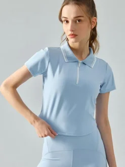 Haut De Tennis Pour Femme Col Rond À Zip Top Nylon Manches Courtes Vêtements De Sport