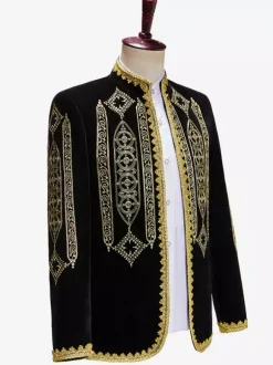 Haut noir vintage rétro en polyester brodé avec boutons et blocs de couleurs à manches longues costumes rétro pour homme