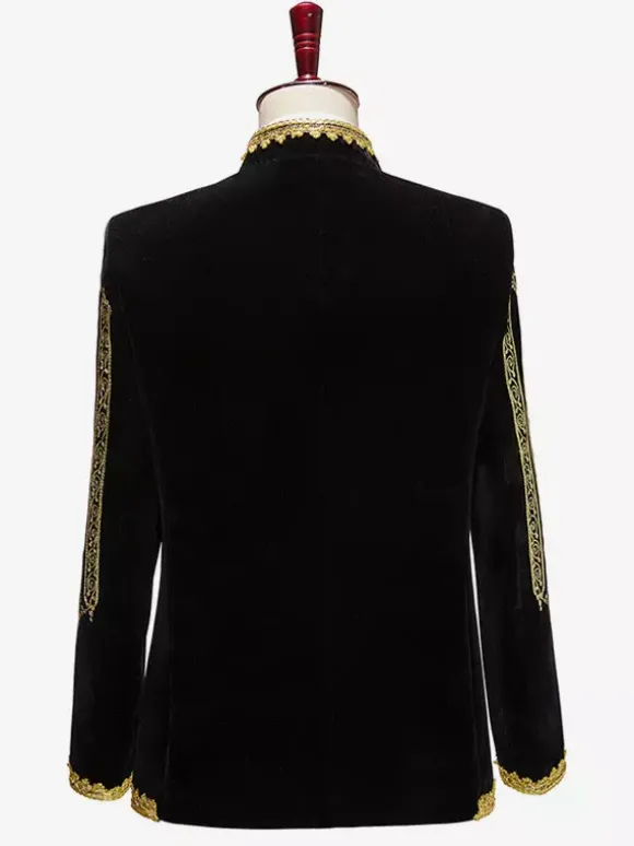 Haut noir vintage rétro en polyester brodé avec boutons et blocs de couleurs à manches longues costumes rétro pour homme