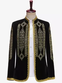 Haut noir vintage rétro en polyester brodé avec boutons et blocs de couleurs à manches longues costumes rétro pour homme