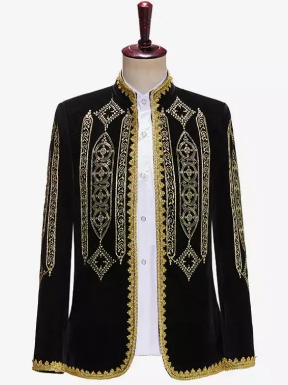 Haut noir vintage rétro en polyester brodé avec boutons et blocs de couleurs à manches longues costumes rétro pour homme