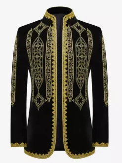 Haut noir vintage rétro en polyester brodé avec boutons et blocs de couleurs à manches longues costumes rétro pour homme