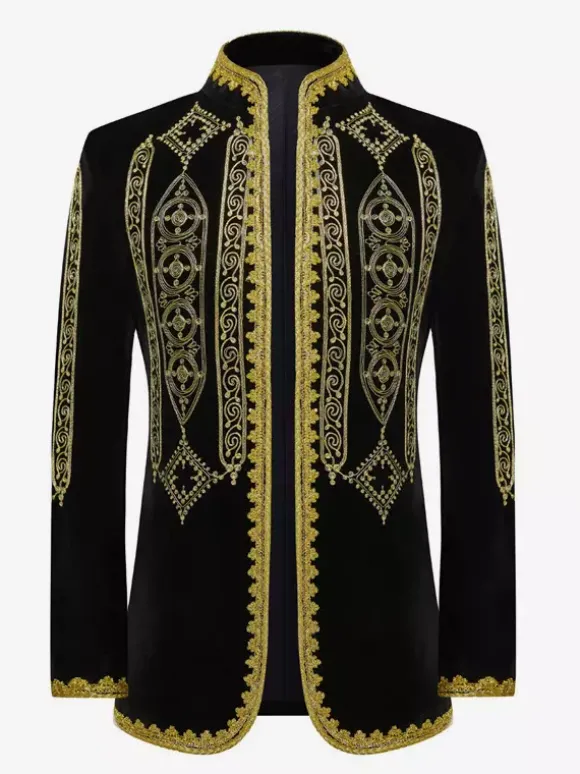 Haut noir vintage rétro en polyester brodé avec boutons et blocs de couleurs à manches longues costumes rétro pour homme