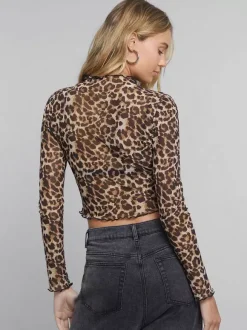 Haut skinny imprimé léopard à col montant et bordure en maille ajourée pour femme 2026